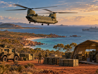 Chinook helicopter above a coastal military logistics base, with supply crates, vehicles, a maintenance shelter and a naval vessel offshore.