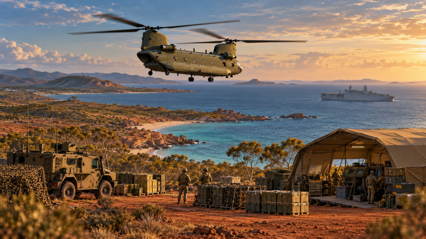Chinook helicopter above a coastal military logistics base, with supply crates, vehicles, a maintenance shelter and a naval vessel offshore.