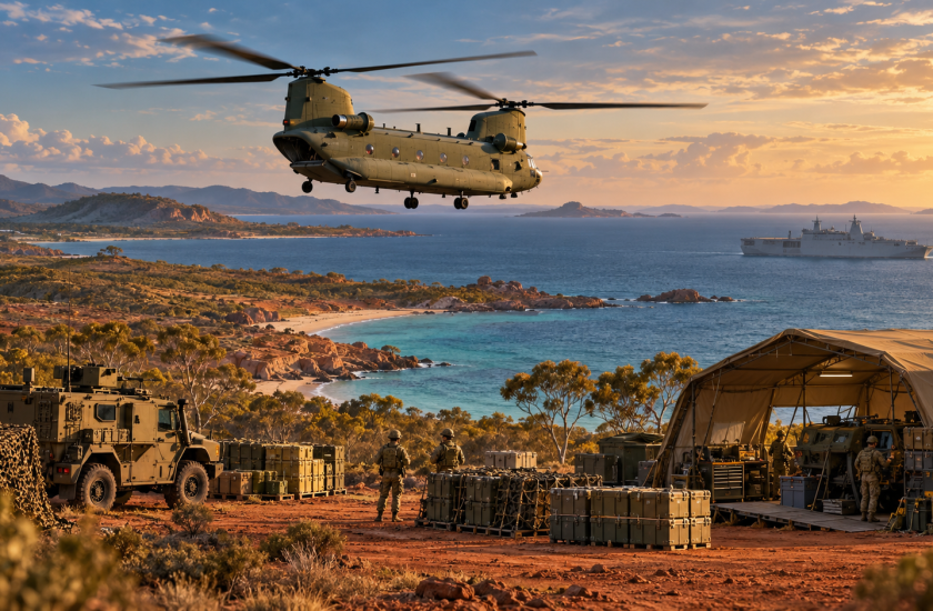 Chinook helicopter above a coastal military logistics base, with supply crates, vehicles, a maintenance shelter and a naval vessel offshore.