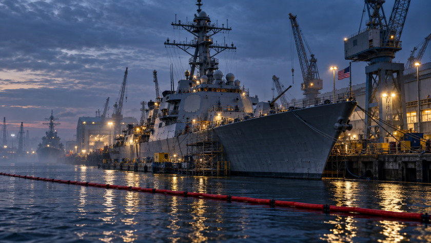 Photorealistic illustration of a U.S. warship undergoing shipyard maintenance at dusk, with a thin red harbour boom across the foreground.