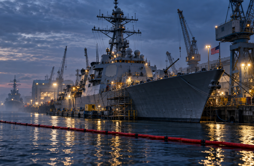 Photorealistic illustration of a U.S. warship undergoing shipyard maintenance at dusk, with a thin red harbour boom across the foreground.