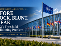 SAGE International Briefing #013 hero illustration featuring NATO Headquarters, titled Before Block, Blunt, Break, with the words Recognise, Understand, Resist.
