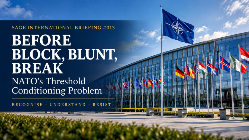 SAGE International Briefing #013 hero illustration featuring NATO Headquarters, titled Before Block, Blunt, Break, with the words Recognise, Understand, Resist.