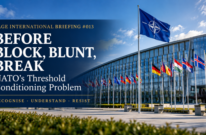 SAGE International Briefing #013 hero illustration featuring NATO Headquarters, titled Before Block, Blunt, Break, with the words Recognise, Understand, Resist.